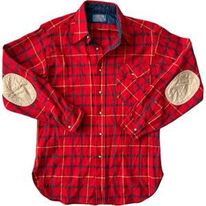 Pendleton Vintage Red Plaid Men's Shirt Size Medium Elbow Patches Made in USA